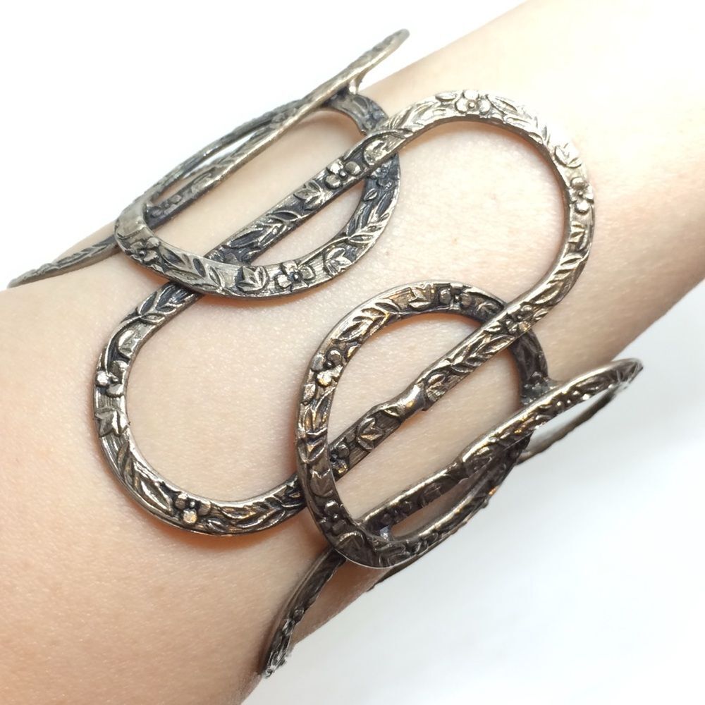 Vintage Silver Tone Cuff Bracelet Etched Geometric Wide Statement Modernist
